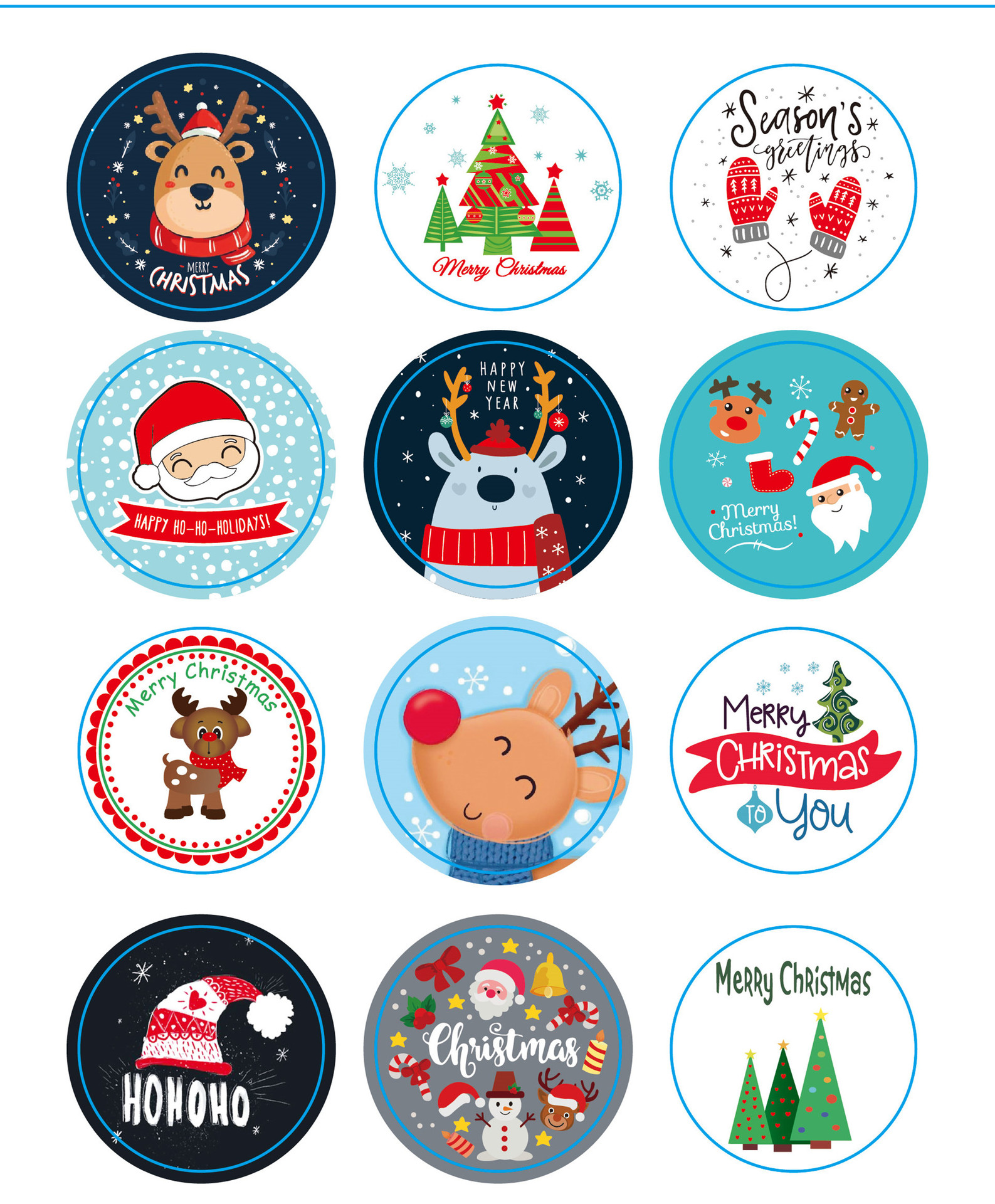 2020圣诞贴纸 圣诞老人手套麋鹿圣诞帽糖果盒饼干袋封口贴12枚