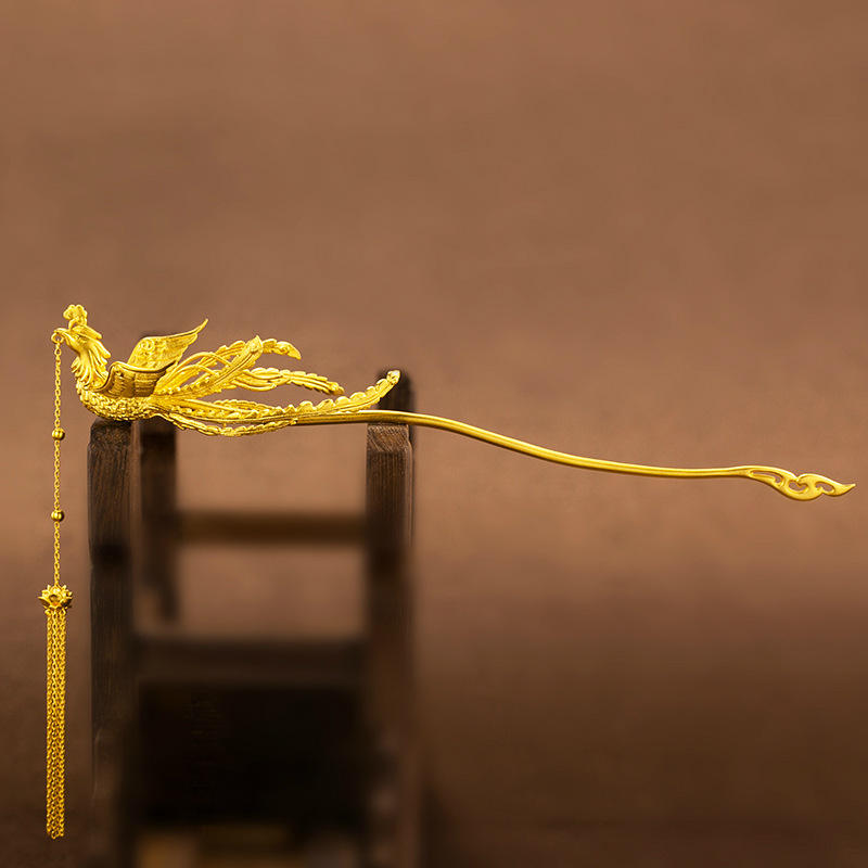 结婚三金古法足金999凤钗发簪凤冠婚庆嫁娶精工錾刻流苏黄金首饰