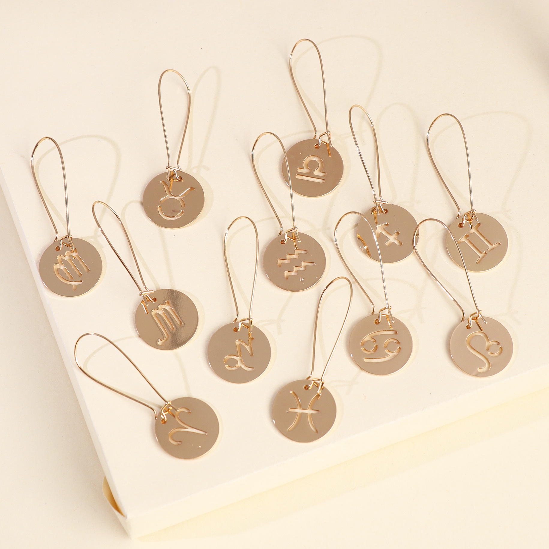 新款圆牌守护图案12星座耳钉女韩版简约森系小众设计耳饰批发