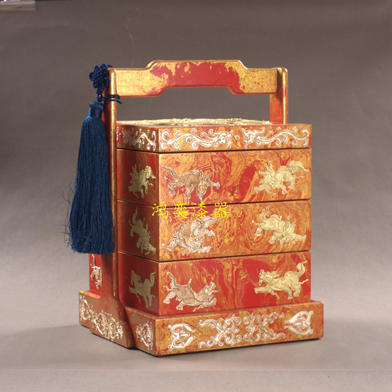 推光漆器多层带盖食盒 复古传统堆漆工艺 传世佳品漆器彩绘提篮盒