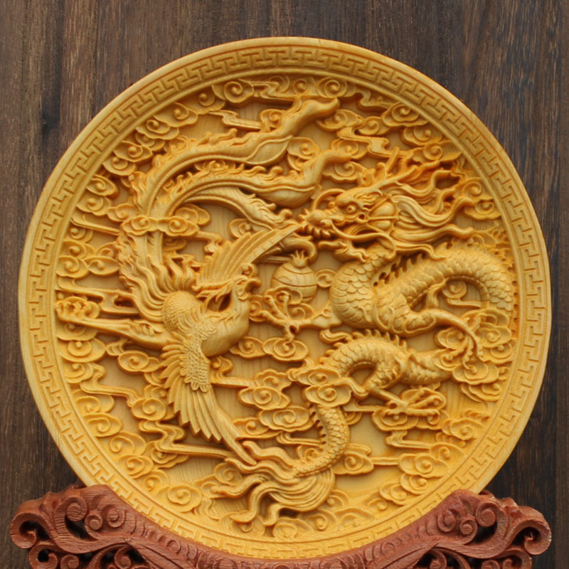 古典婚礼喜庆中式木雕圆盘摆件龙凤呈祥/龙凤和鸣寓意收藏工艺品