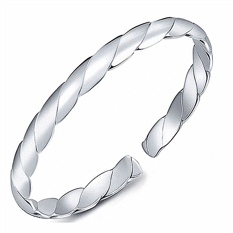 经典复古贵妃手镯 爱交织镀银手镯子光面简约蛋形手镯 麻花银手环