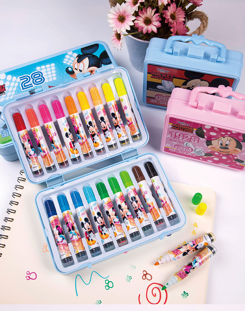 迪士尼儿童绘画笔彩色笔12色盒装幼儿园小学生文具印章水彩笔