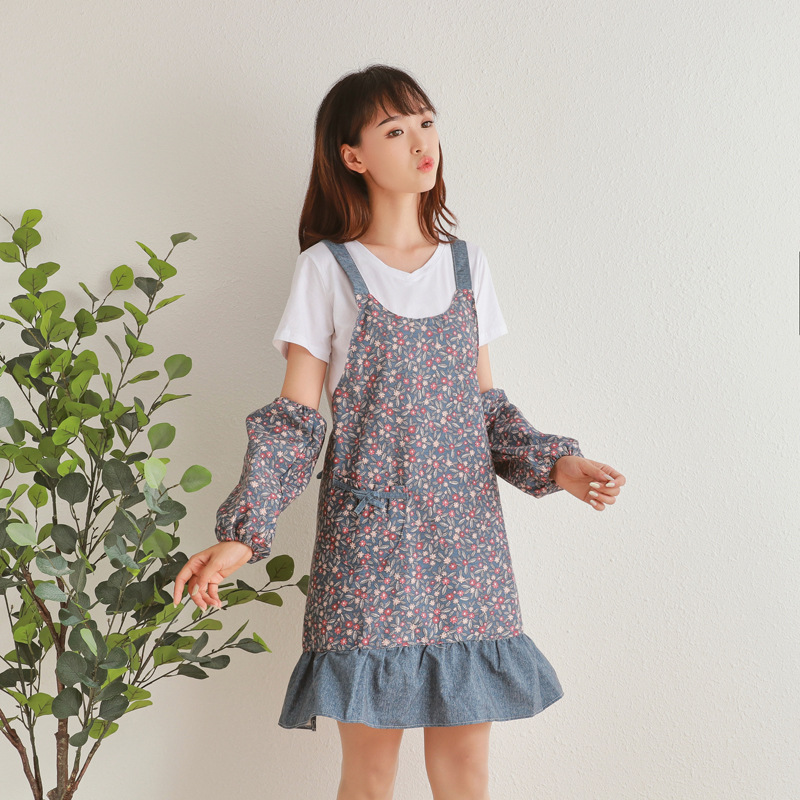 韩式碎花围裙女时尚家用厨房半防水防油可爱花边涤棉布做饭围裙