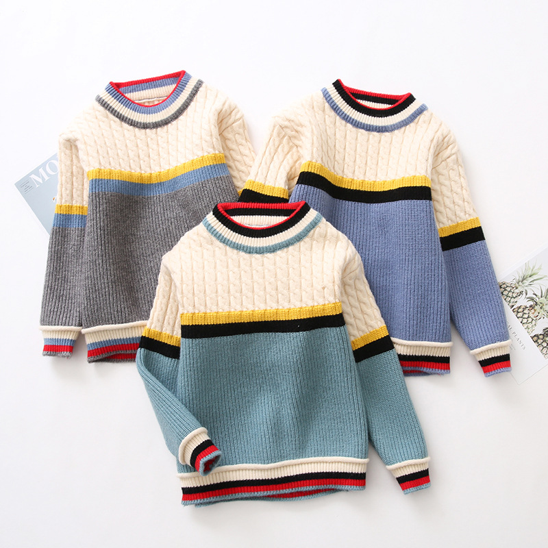秋季新款男童套头毛衣精品童装针织衫中小男童拼色圆领儿童毛衣