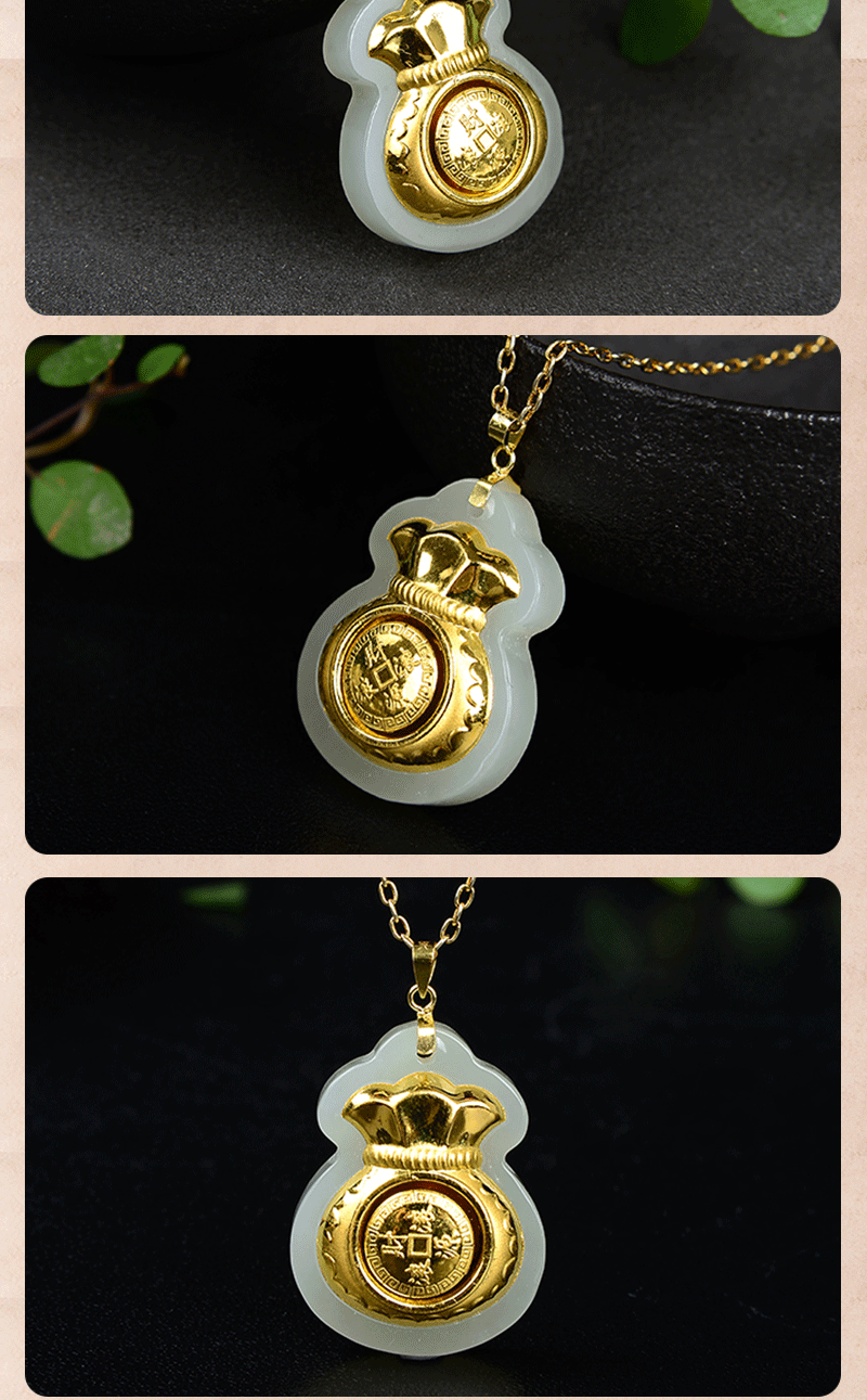 金镶玉时来运转福袋吊坠 和田玉足金财源滚滚挂坠 鼠年礼品批发