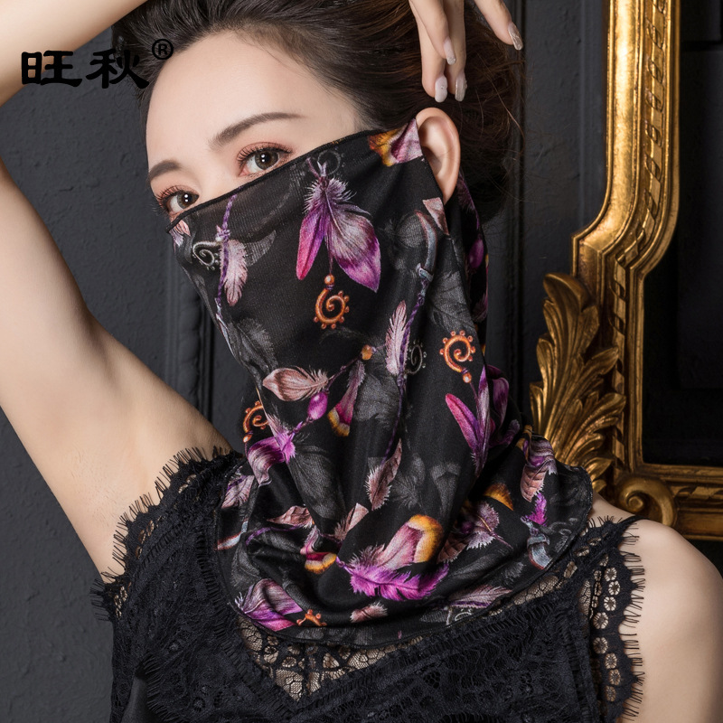 一件代发纯新真丝印花蒙面巾女100桑蚕丝针织双面绸挂耳围脖1021
