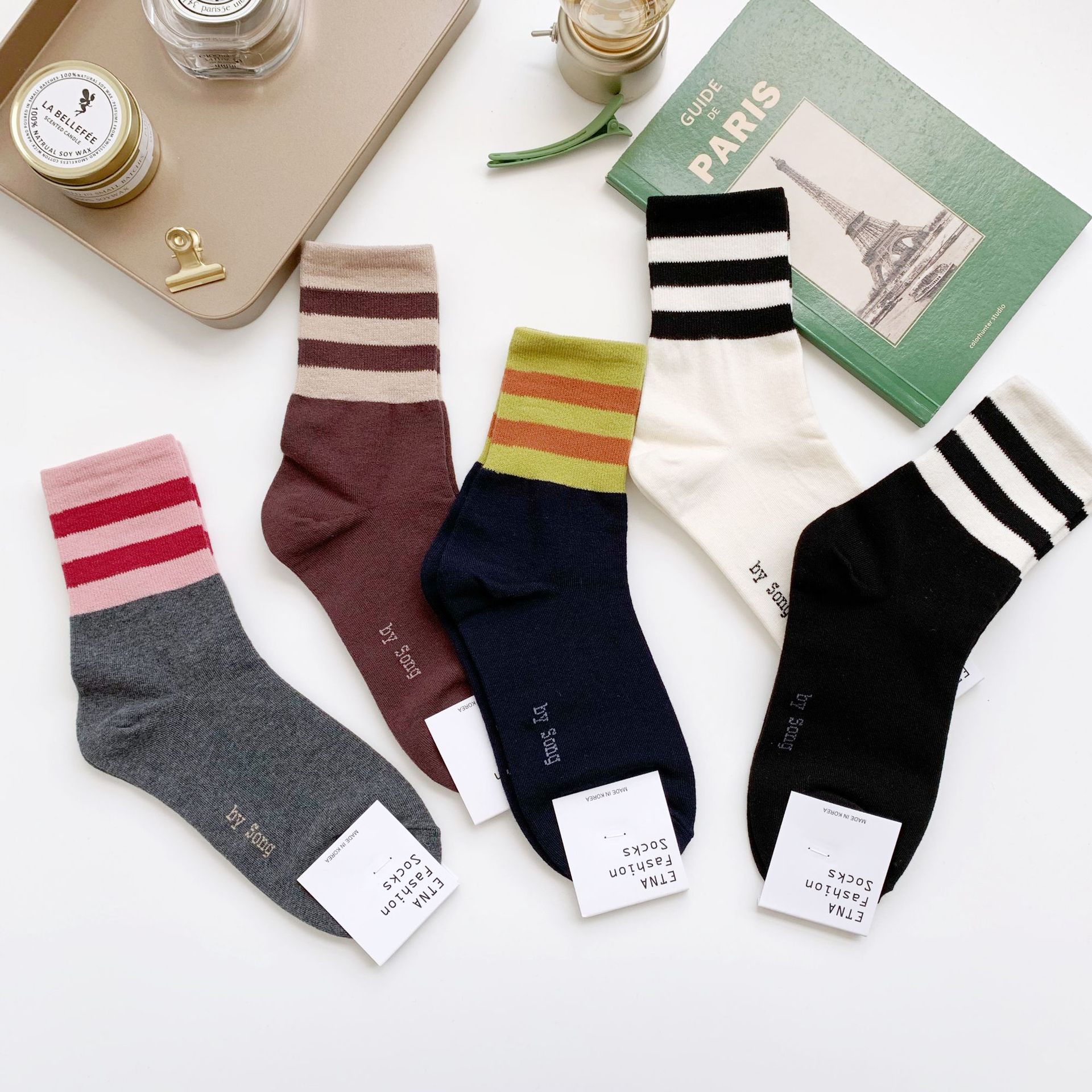 etna韩国进口女袜子20秋冬新款条纹拼色双杠运动女士中筒棉袜批发