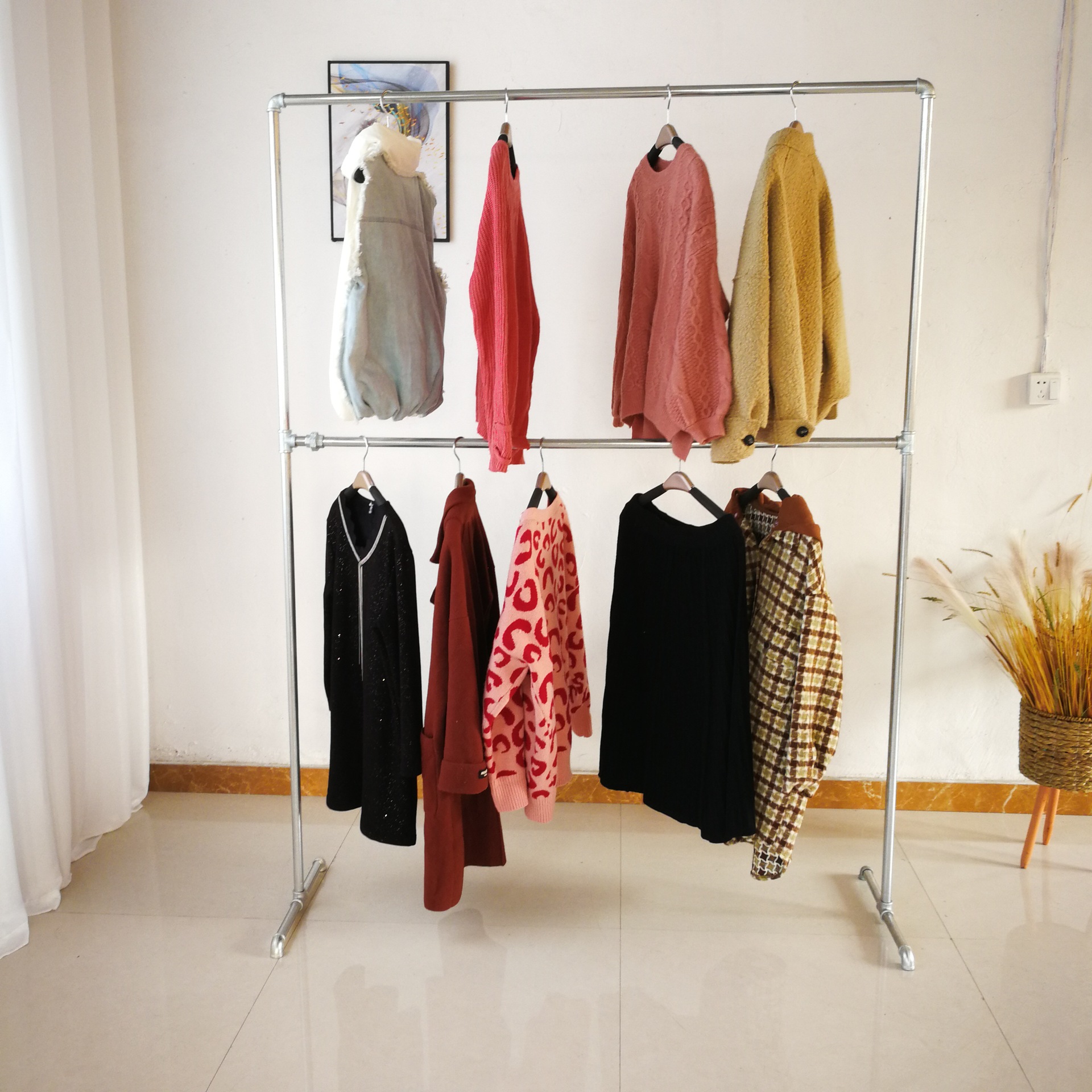 服装展示架双层落地晒被挂衣服男女装服装店镀锌管阳台水管晾衣架