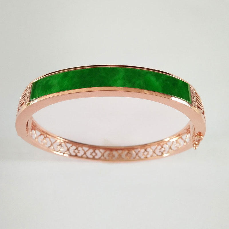 御鑫牌a货翡翠花青手镯金镶玉镯子黄金镶翡翠玉镯支持加工定制女