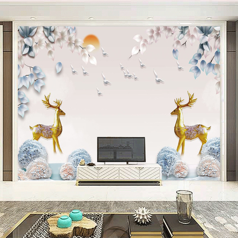 8d立体电视背景墙壁画批发装饰墙布3d墙纸浮雕鹿沙发装修壁纸