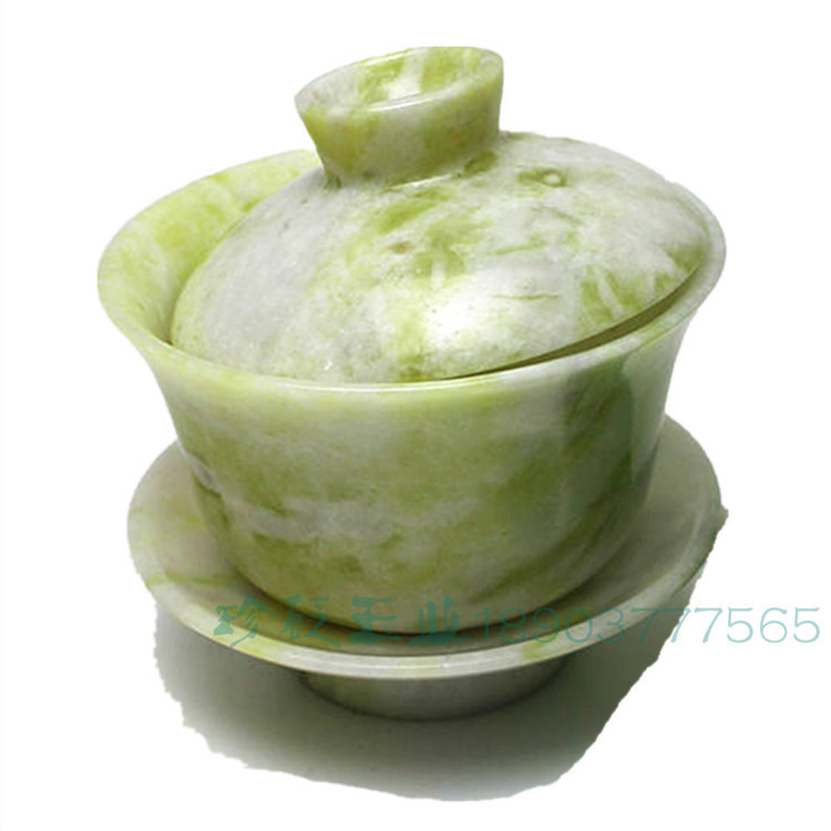 批发天然玉石 蓝田玉盖碗玉石三才套装 带把茶杯泡茶功夫茶具摆件