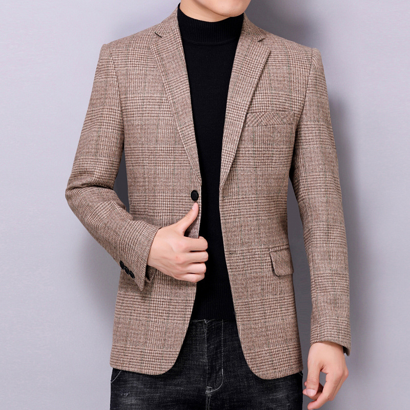 2020秋季新款男式休闲西装羊毛外套中年男士宽松单件小西服