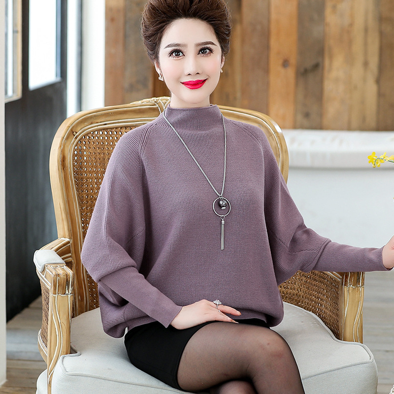 2020妈妈装纯色蝙蝠袖中年中老年女装宽松毛衣大码针织衫