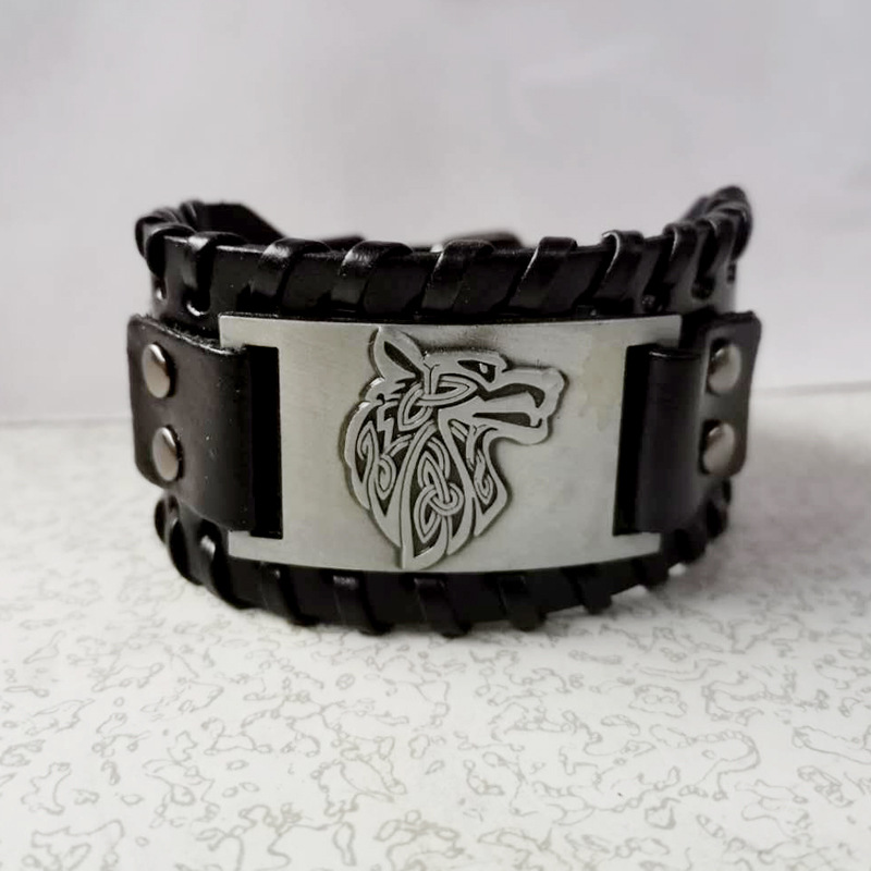 跨境维京复古海盗凯尔特狼头编织宽皮手环合金皮革手镯万圣节手链