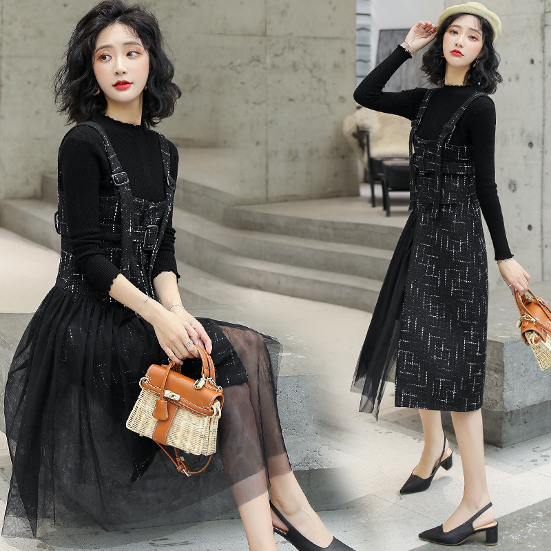 2021春季新款网纱气质拼接小香风格子吊带针织连衣裙两件套套装