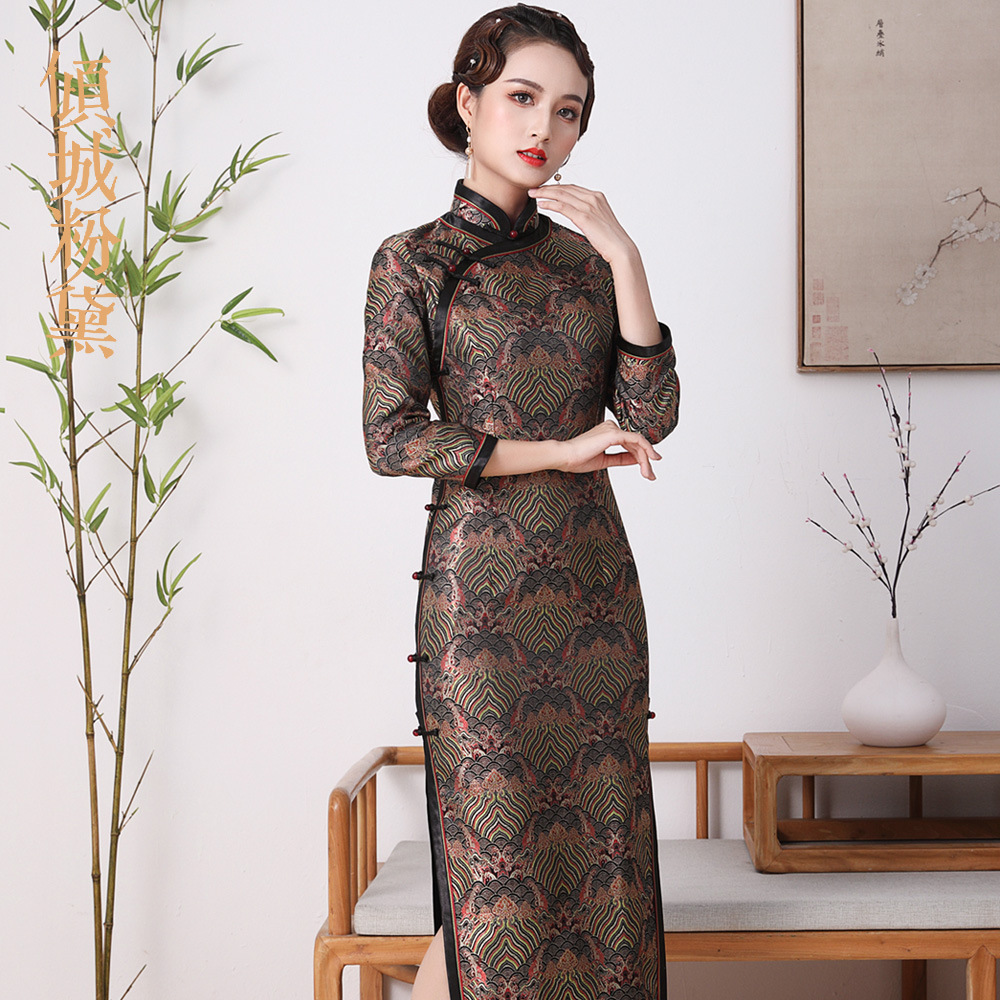 倾城粉黛2020夏季新款锦缎长款可定制手工盘扣旗袍裙礼服宴会