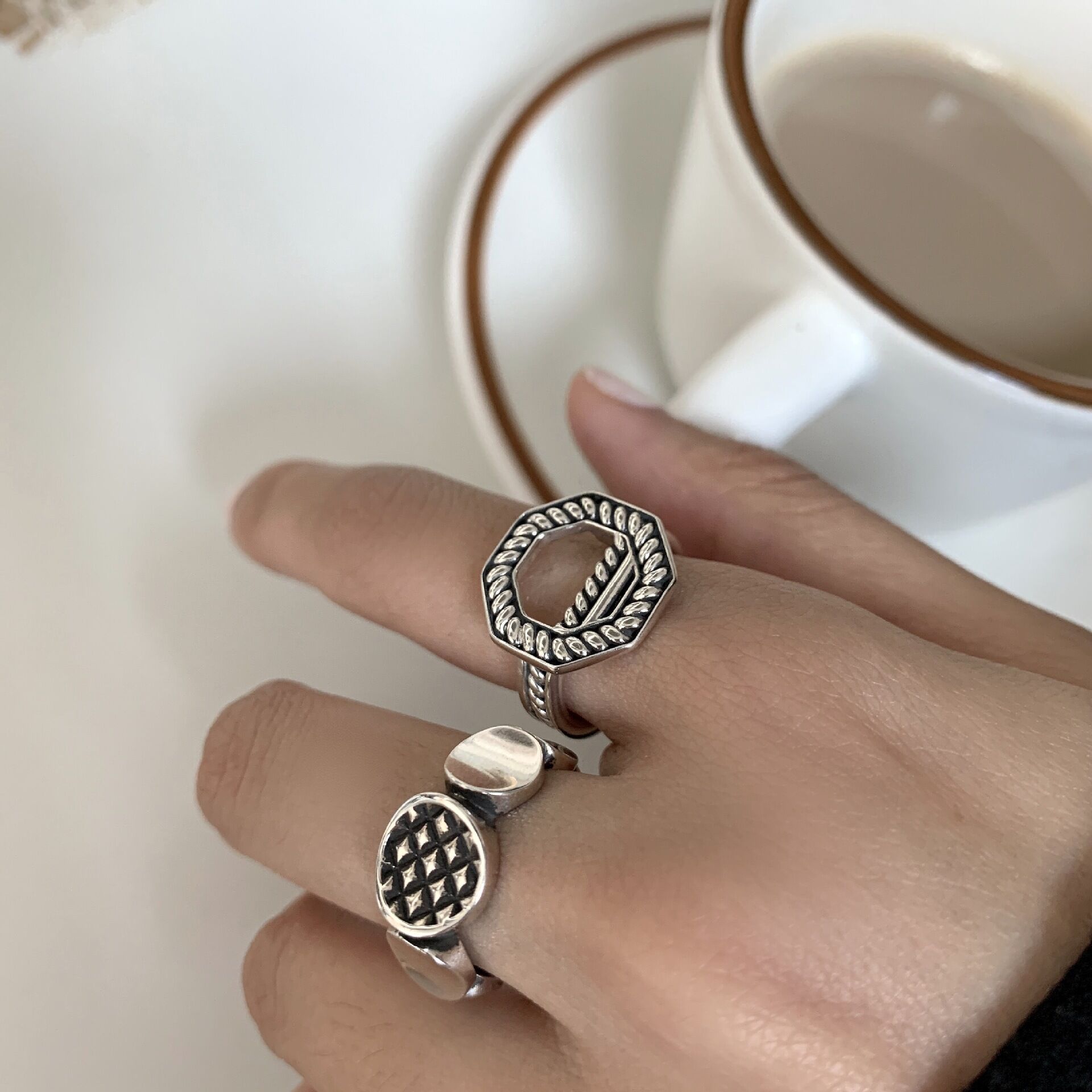 欧美夸张几何菱格纹戒指女925银韩版镂空个性复古开口食指环潮