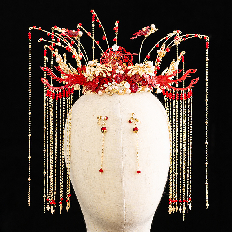 新娘结婚中式流苏凤冠红色龙凤发饰古装宫廷秀禾服头饰婚礼配饰品