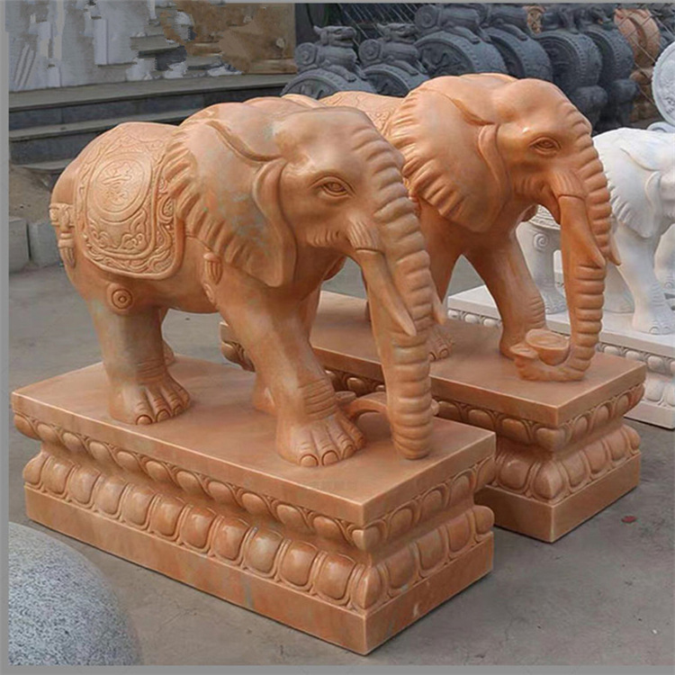 石雕石头大象摆件一对汉白玉翘鼻子向上石象
