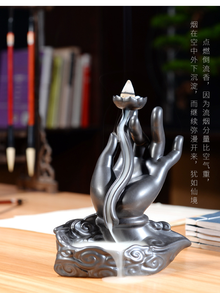 紫砂佛手倒流香家居中式佛手莲花盘香炉居室香具倒流香炉创意摆件