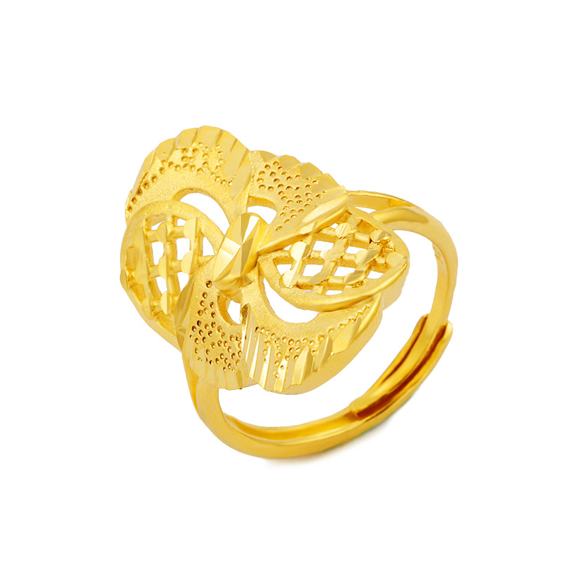 越南沙金喷砂戒指 仿黄金大花戒指女士开口 铜24k色镀金首饰批发