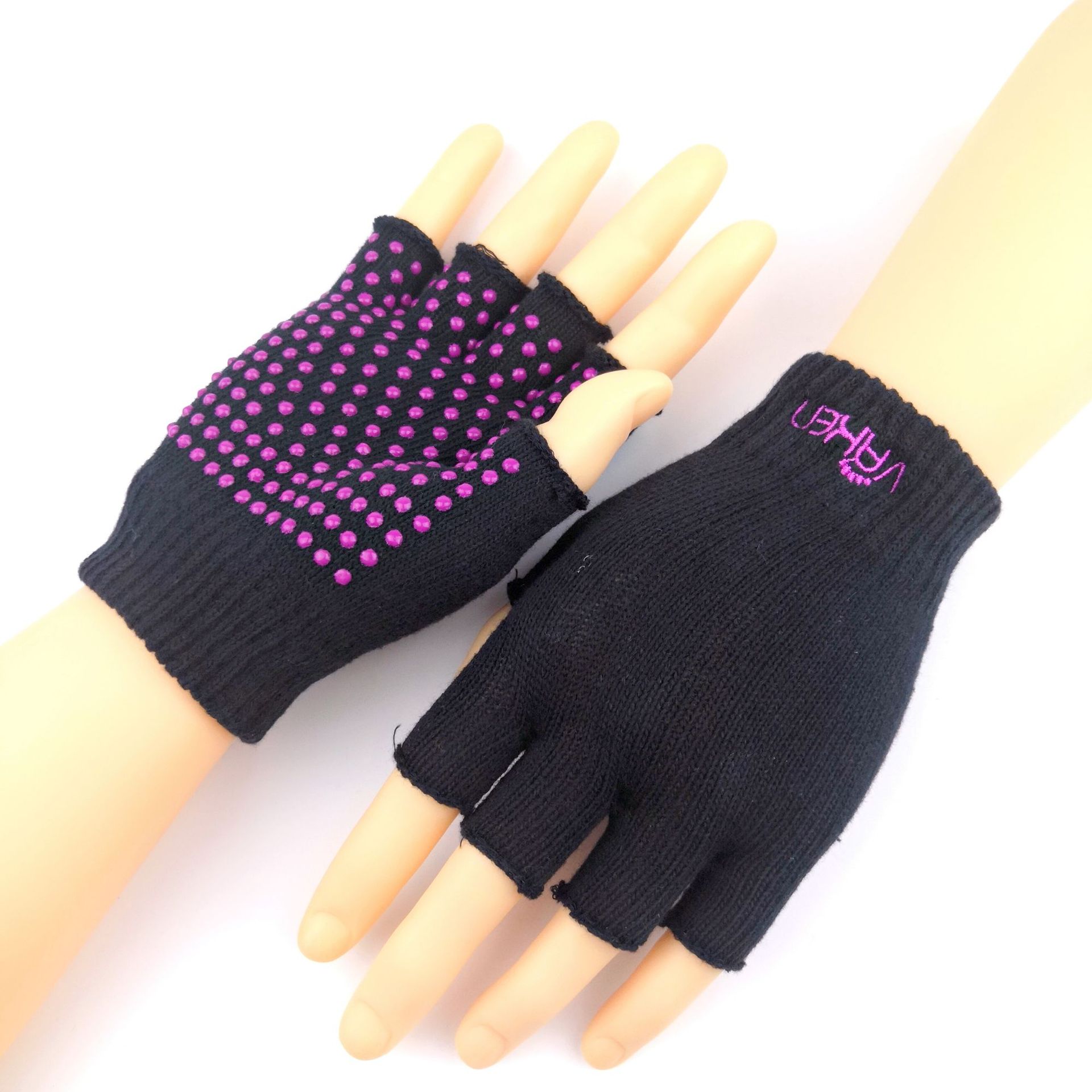 现货纯棉成人女士舒适护手 露指半指刺绣点胶防滑运动瑜伽手套