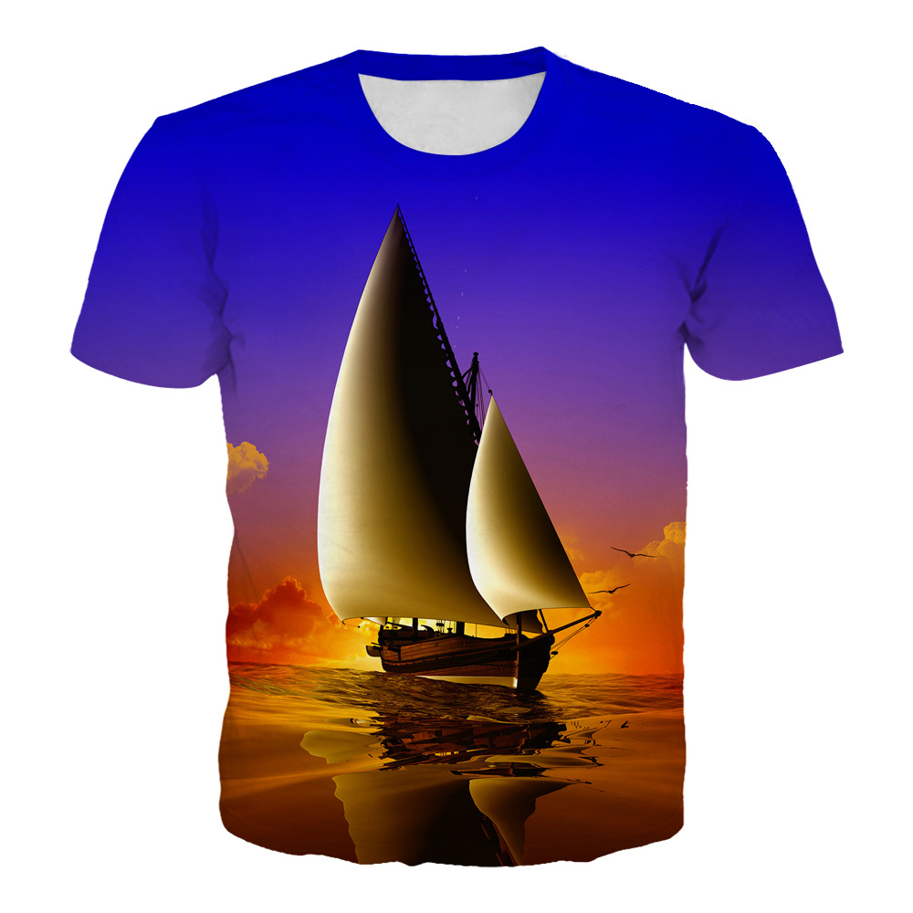 夏装新款情侣上衣 海滩风景潮流3d数码印花短袖t恤衫男