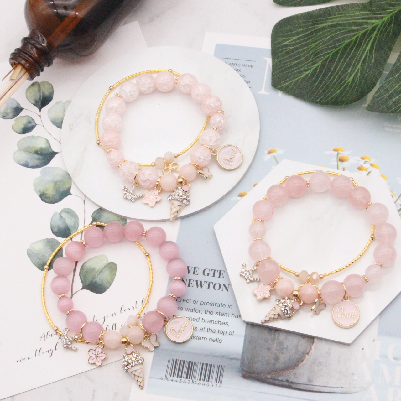 日韩创意个性学生简约手链女士水钻冰淇淋天然石水晶串珠手串手饰