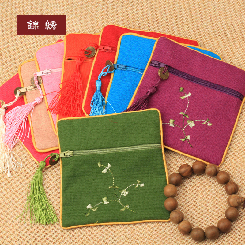 绣花拉链包绣花麻布包加厚麻小花复古袋首饰袋饰品收纳袋锦囊袋包