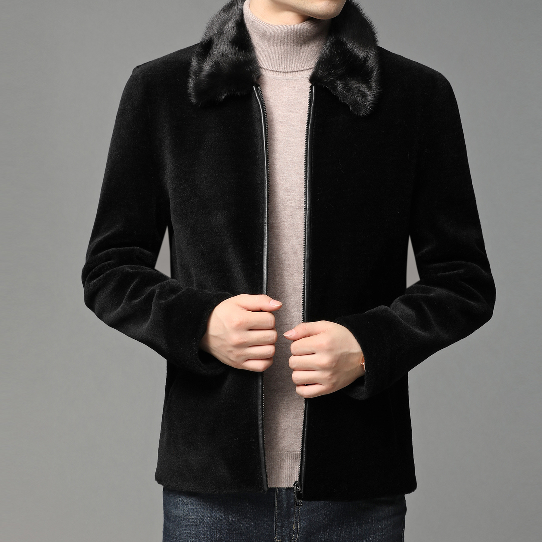 高端中老年水貂翻毛领时尚气质男士短款皮草冬季保暖羊毛夹克外套