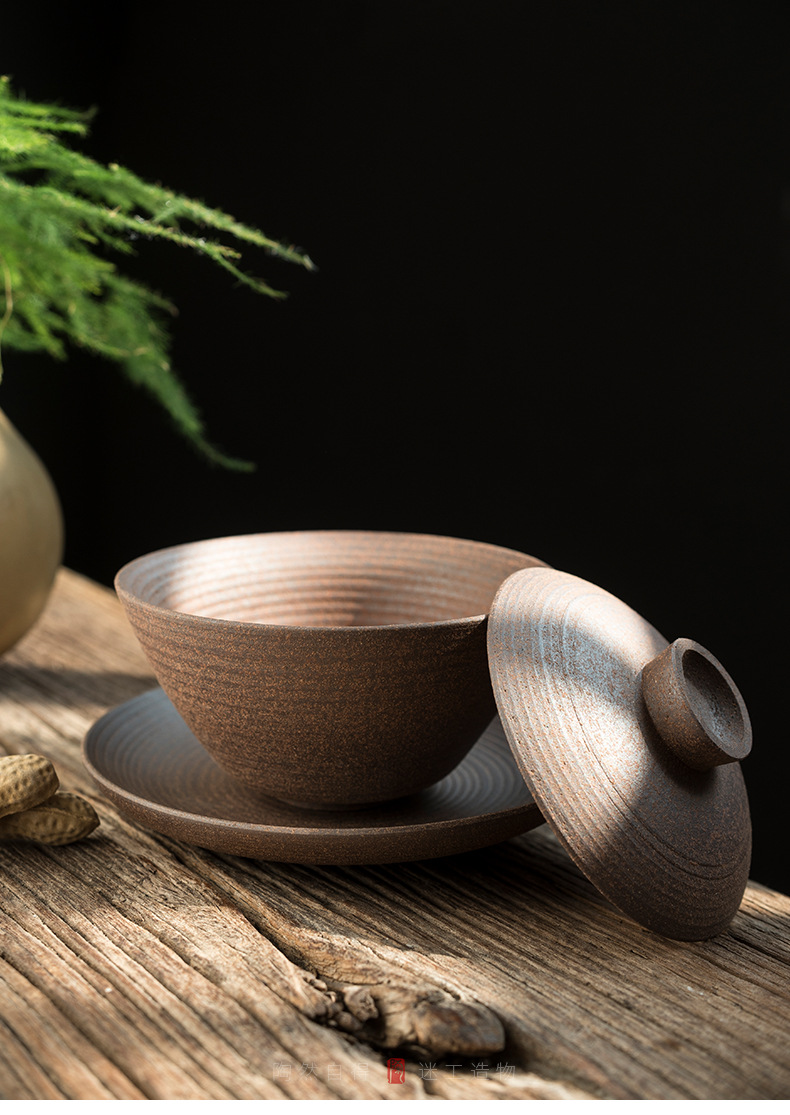 陶迷无忧粗陶盖碗大号手工茶碗陶瓷无釉三才盖碗茶具配件泡茶器