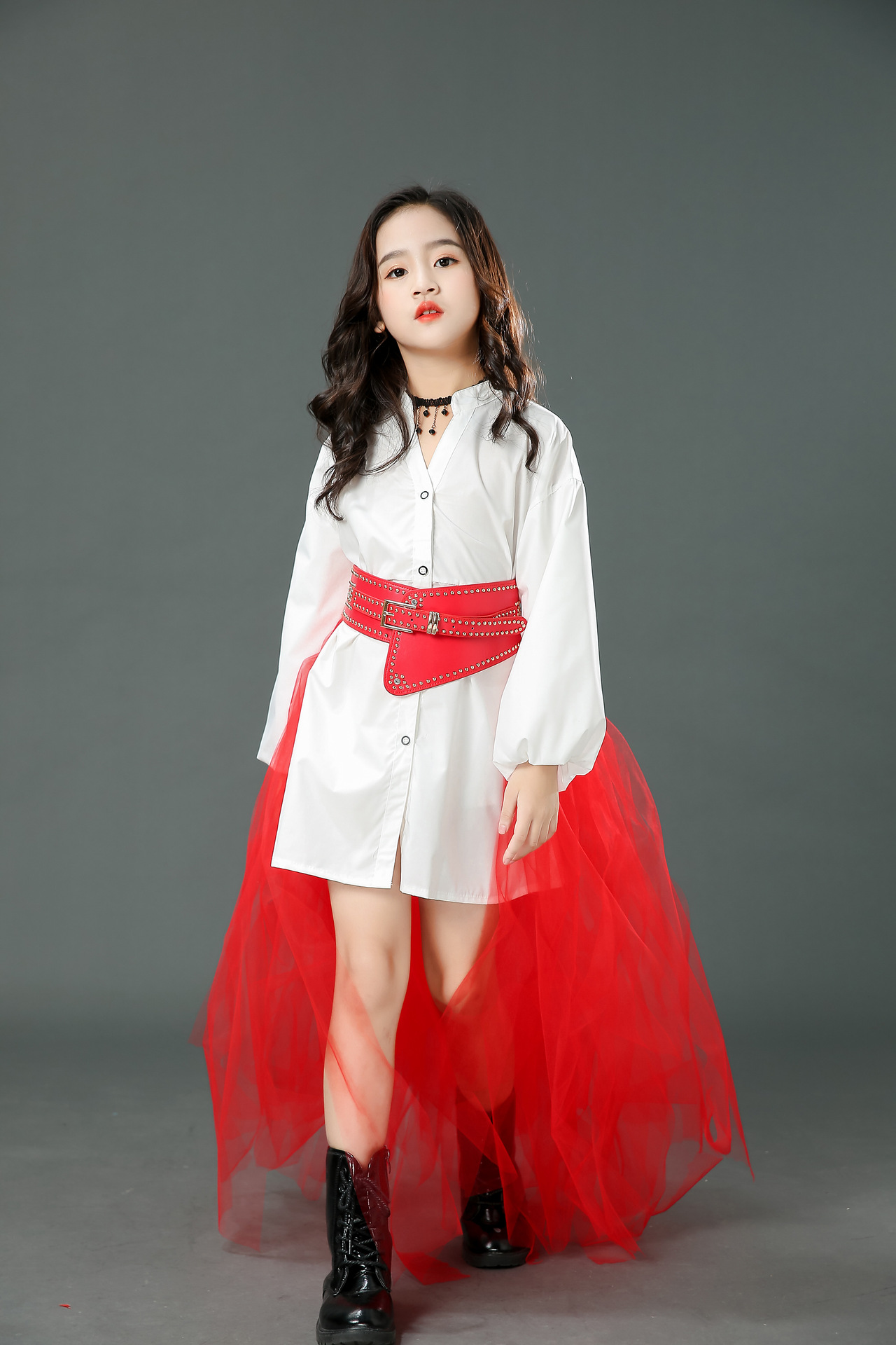 女童潮服红色超酷套装儿童走秀车模时尚个性演出服模特时装秀礼服