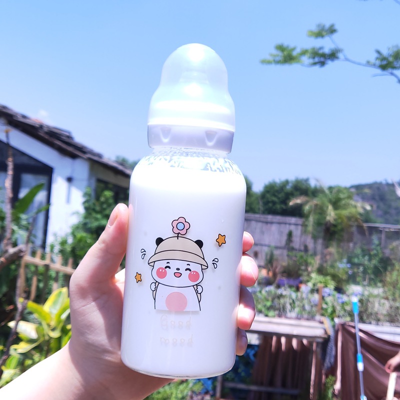 Internet Celebrity Little Mouse Feeding Bottle Adult with Scale Adult Baby Bottle Glass Student Cute Water Glass Drinking Straw Cup