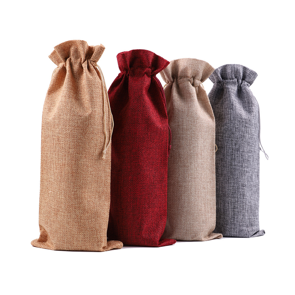 linen red wine bag in stock wholesale high-end champagne wine packaging bags drawstring dustproof drawstring sack customization