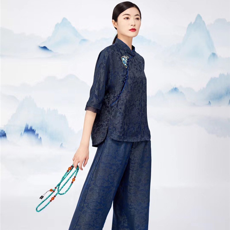 原创设计中式复古重磅真丝重工刺绣香云纱套装茶服旗袍禅服唐装