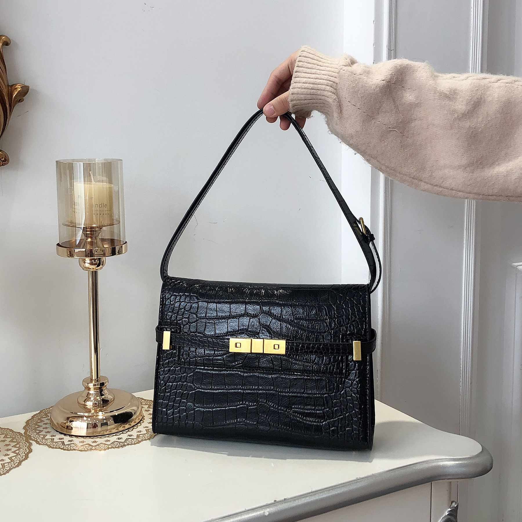 2020新款杨树林曼哈顿法棍包单肩斜挎通勤包时尚复古真皮质感女包