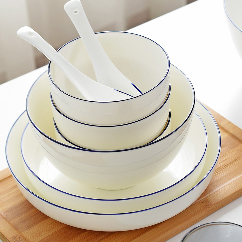 household minimalist blue edge pure white bowl plate bone china simple creative vintage ceramic bowl dish tableware gift box