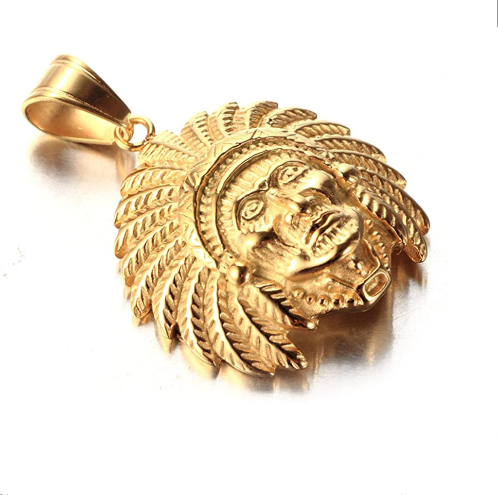 跨境电商源头工厂直供欧美复古嘻哈镀金印第安人钛钢项链男-阿里巴巴