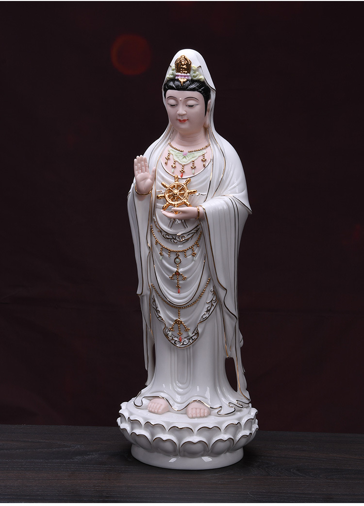 陶瓷普陀山南海观音佛像居家供奉手持法轮观世音菩萨站像家用摆件