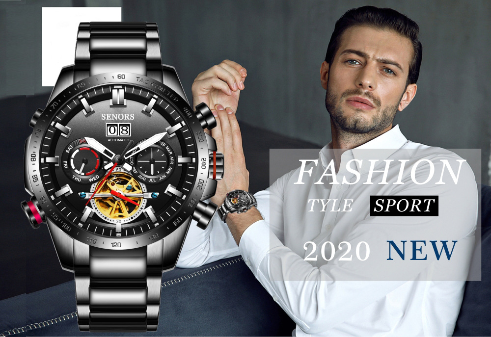 赛娜斯senors爆款不锈钢全自动机械表陀飞轮防水男士腕表sn200