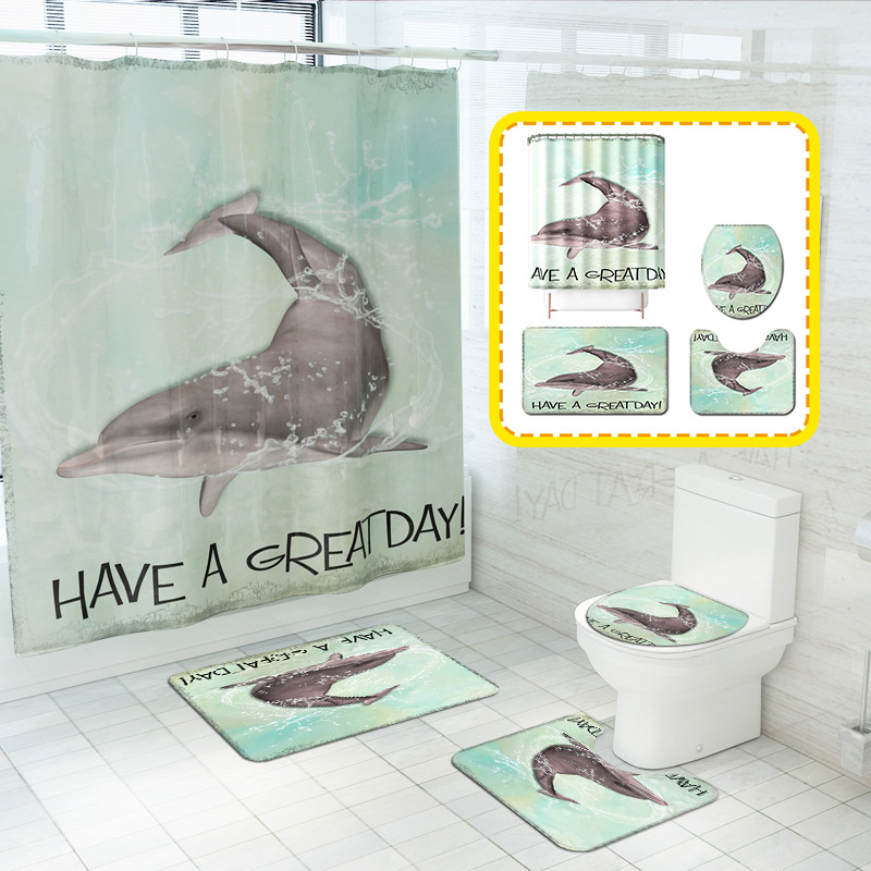 New Floral Print Dolphin Printing Waterproof Shower Curtain Carpet Four-Piece Set Toilet Mat Set for Cross-Border Overseas Warehouses