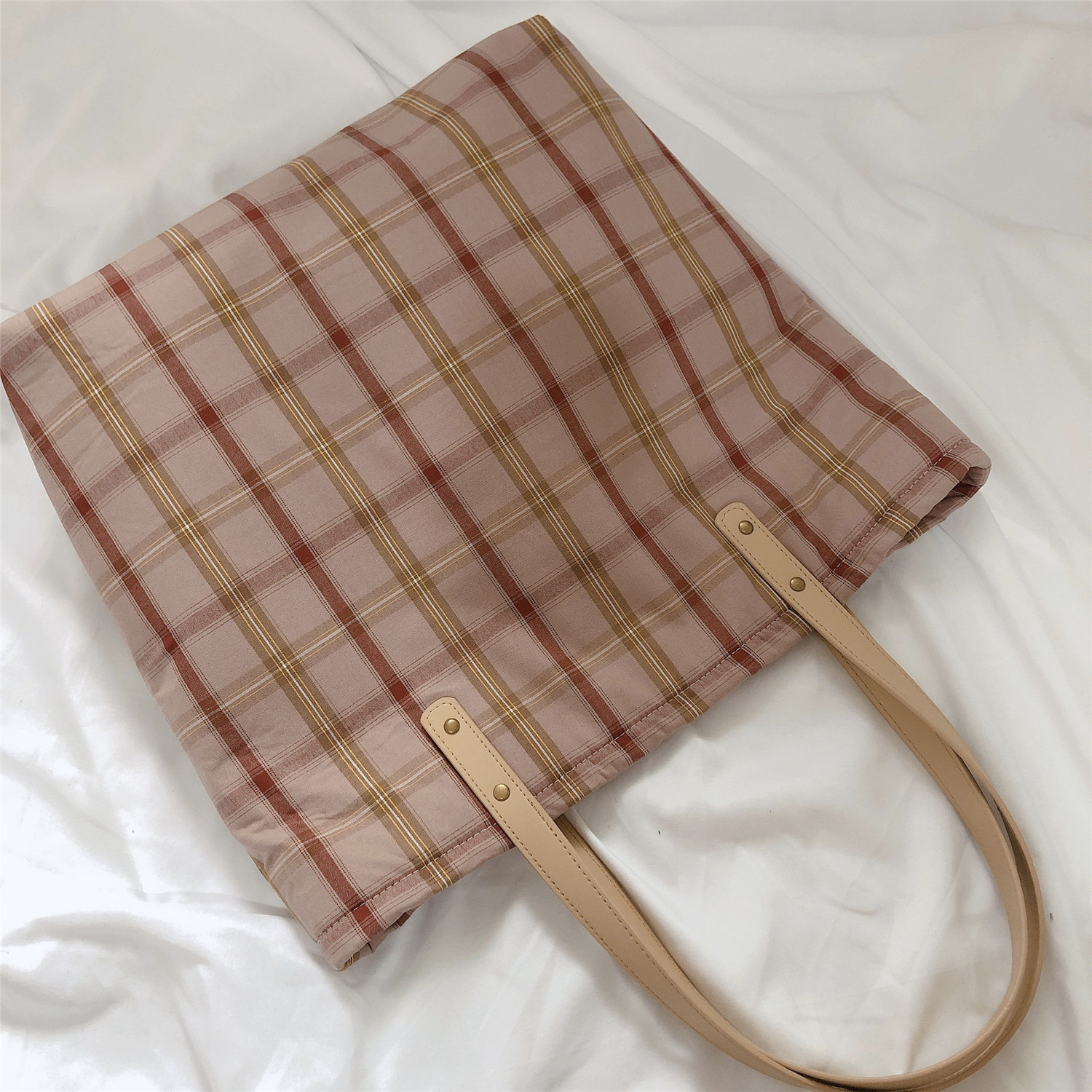 【归蝶布包】春夏新品格子布包女单肩文艺学生加厚大容量拉链棉布