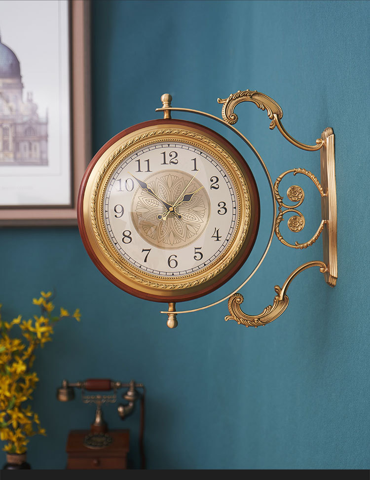 欧式个性奢华客厅双面钟大别墅静音两面挂钟实木美式挂表餐厅时钟