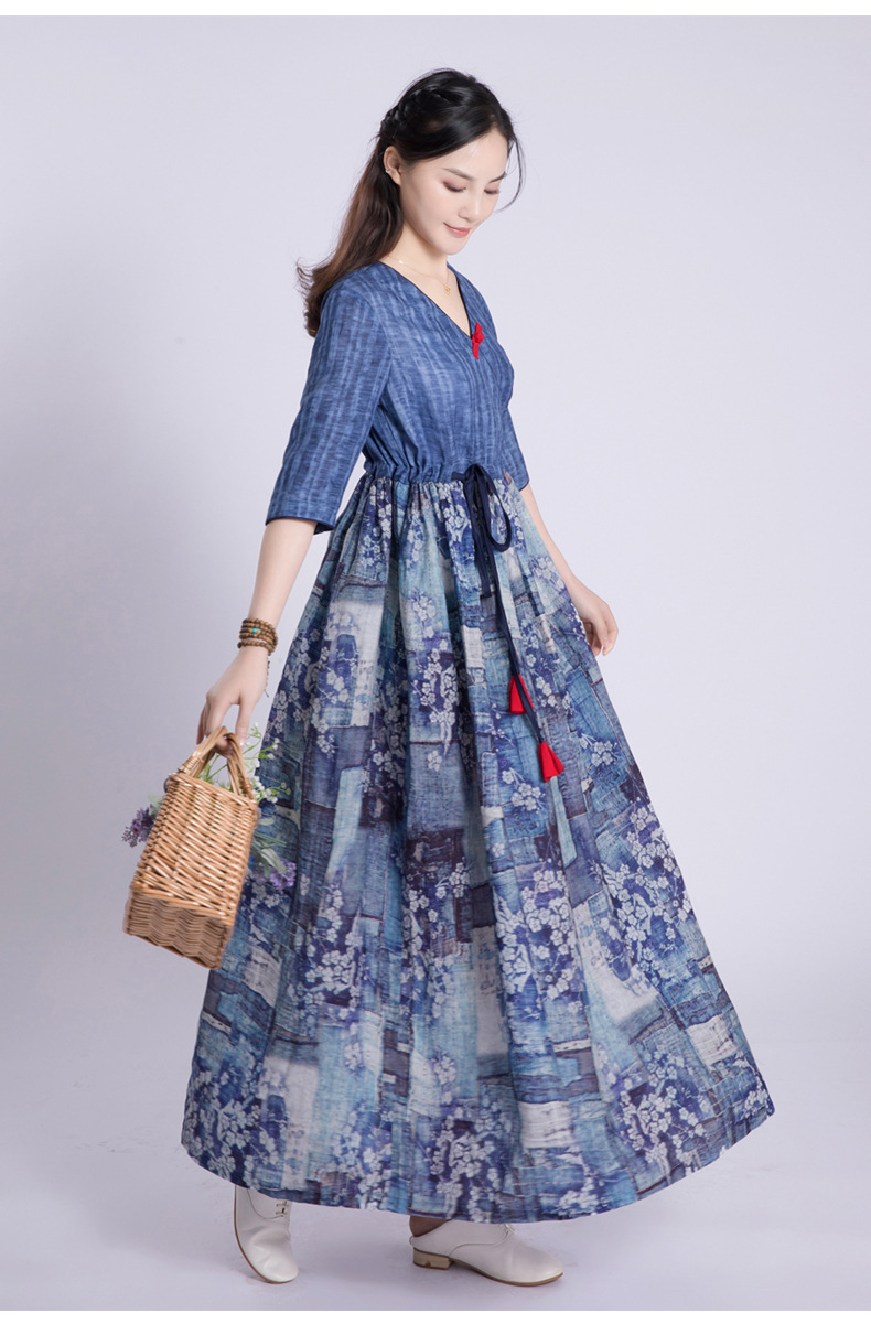 2021秋季新款连衣裙5分袖碎花复古轻文艺亚麻气质收腰仙女长裙女