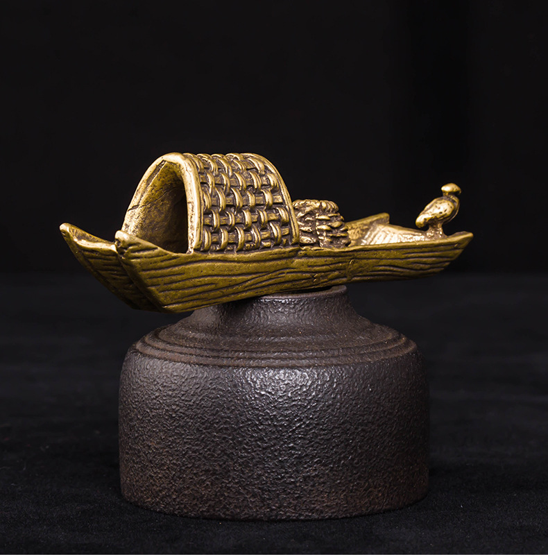 黄铜乌篷船摆件纯铜渔船手把件仿古铜器精工黄铜古玩铜雕摆件饰品