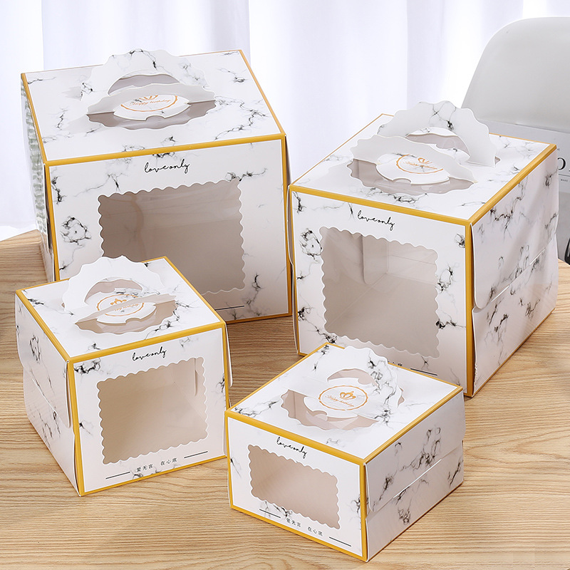 开窗透明大理石纹手提蛋糕盒子加高生日蛋糕盒包装盒4/6/8寸烘焙