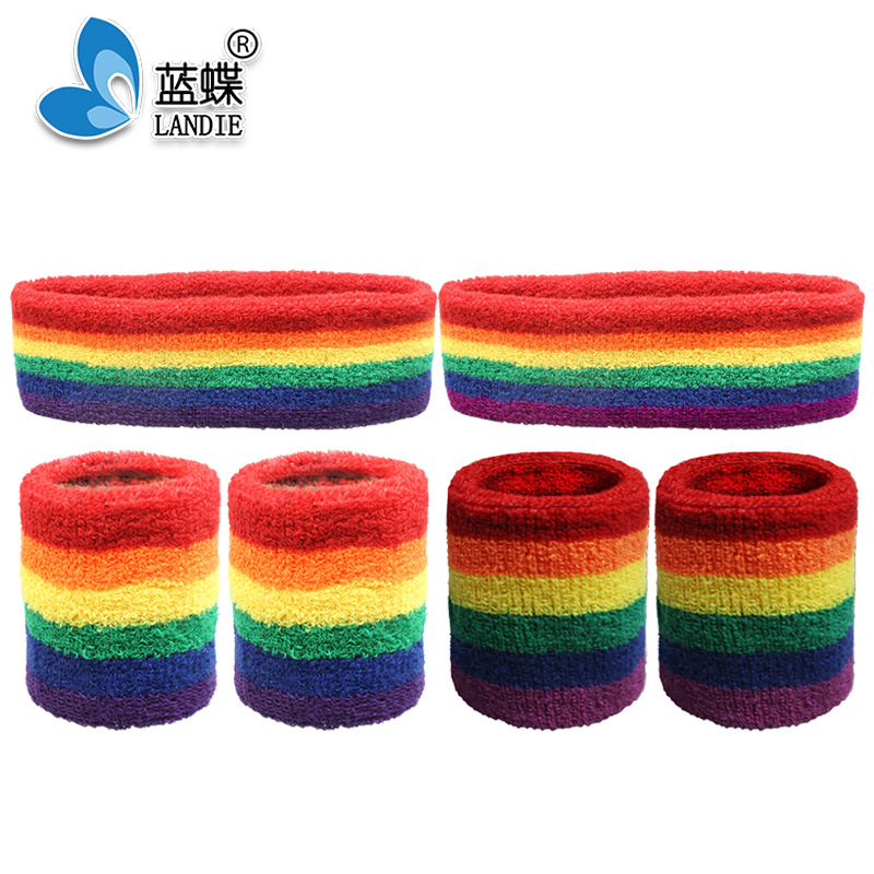 Rainbow Wristband Headband Hairband Suit Sports Sweat-Absorbent Basketball Head Protection Belt Wrist Guard Polyester Cotton with Logo