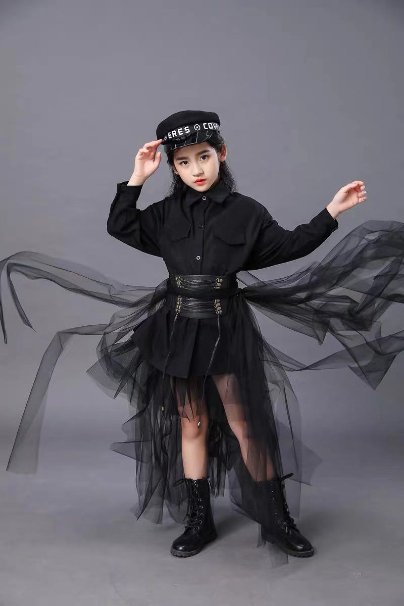 儿童黑色套装女童模特比赛t台时尚走秀服装礼服六一演出西服潮夏