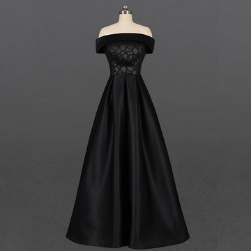 定制高端黑色一字肩缎面长裙晚礼服无袖a字裙优雅气质婚礼聚会